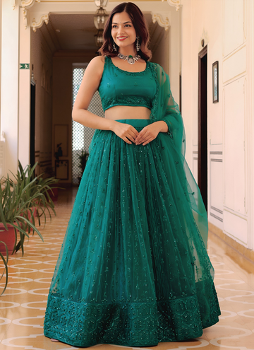 Memorable Soft Net Teal Green Sequence Embroidered Lehenga Choli Set